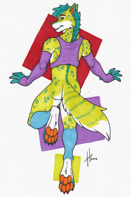 abstract_background anthro armwear blue_hair bottomless butt claws clothed clothing finger_claws fur green_body green_fur green_tail hair looking_at_viewer looking_back looking_back_at_viewer male male_anthro markings orange_eyes orange_paws purple_armwear purple_clothing purple_topwear rear_view red_claws short_hair slim_anthro slim_male solo spotted_back spotted_legs striped_markings striped_tail stripes tail tail_markings toe_claws topwear white_body white_fur white_tail hufnaar canid canine mammal 2019 dated hi_res