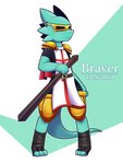 abstract_background ambiguous_gender anthro armor biped braver_(vavacung) clothed clothing comic digitigrade english_text hi_res holding_object kobold leg_wraps mask pauldron solo standing text vavacung wraps