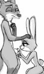 animal_genitalia anthro ball_grab balls duo eyes_closed female genitals gloves_(marking) kneeling male male/female markings nude sheath simple_background smile standing white_background bluedouble disney zootopia judy_hopps nick_wilde canid canine fox lagomorph leporid mammal rabbit red_fox true_fox greyscale hi_res monochrome sketch