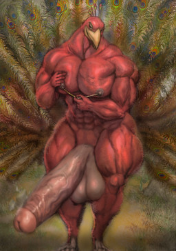 abs anthro balls beak biceps big_balls big_muscles big_pecs big_penis chain_jewelry deltoids feathers genitals glans gold_(metal) gold_jewelry huge_balls huge_muscles huge_pecs huge_penis hyper hyper_balls hyper_genitalia hyper_penis jewelry male muscular muscular_arms muscular_male muscular_thighs nipple_chain nipple_chain_pull nipple_piercing nipples nude pecs penis piercing red_body smile smirk solo vein veiny_penis hohohonse fheyros avian bird galliform humanoid peafowl phasianid absurd_res hi_res