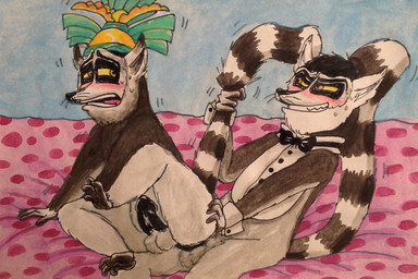 anal anal_penetration anthro anthro_on_anthro balls black_bow_tie black_penis bodily_fluids bow_tie crown crown_only cuffs_(clothing) duo erection evil_grin from_behind_position fur genitals grey_body grey_fur hand_on_butt headgear headgear_only humanoid_genitalia humanoid_penis looking_at_another looking_at_partner looking_pleasured male male/male male_anthro male_penetrated male_penetrating male_penetrating_male markings on_lap open_mouth orange_eyes penetration penile penile_penetration penis raised_tail sex shaking sitting sitting_on_lap smile striped_markings striped_tail stripes sweat tail tail_markings tail_pull teeth whiskers yellow_sclera puku83 all_hail_king_julien dreamworks madagascar_(series) king_julien magic_steve lemur mammal primate ring-tailed_lemur strepsirrhine 2015 traditional_media_(artwork)