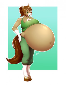 anthro belly big_belly blush border breasts brown_body brown_fur brown_hair brown_tail clothed clothing dipstick_ears ear_markings female fur gloves_(marking) green_background green_clothing green_eyes green_lipstick green_shirt green_tank_top green_topwear hair hand_on_butt hand_on_own_butt huge_belly humanoid_hands hyper hyper_belly hyper_pregnancy inner_ear_fluff lipstick looking_down looking_down_at_belly looking_down_at_self makeup markings multicolored_ears navel outie_navel pregnant pregnant_anthro pregnant_female raised_clothing raised_shirt raised_tank_top raised_topwear shirt simple_background smile solo standing tail tank_top topwear tuft white_body white_border white_ear_tips white_fur white_inner_ear_fluff jest56 roxx_(roxxcinn) equid equine horse mammal 2026 digital_drawing_(artwork) digital_media_(artwork) hi_res