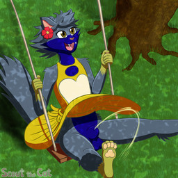 animal_genitalia anthro balls blue_body blue_fur bodily_fluids brown_eyes clothed clothing cute_fangs dress eyelashes fangs femboy flower_accessory flower_on_head fully_sheathed fur genital_fluids genitals grass grey_body grey_fur male no_underwear pawpads paws peeing plant sheath smile solo swing swinging teeth tree upskirt urine watersports yellow_body yellow_clothing yellow_fur scoutthecat02 scout_the_cat_(character) domestic_cat felid feline felis mammal 1:1 hi_res