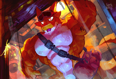 anthro biceps big_muscles blep claws countershade_torso countershading damaged_building danger_sign detailed_background diamond_pupils eyewear eyewear_on_head factory finger_claws goggles goggles_on_head male mouth_closed muscular muscular_male nude orange_body orange_scales pecs property_damage red_eyes scales shoulder_bag smile smiley_face solo sparks tail text tongue tongue_out vein veiny_muscles white_body white_countershading white_sclera goofyahdragons lizard reptile scalie 2024 artist_name half-length_portrait hi_res portrait