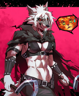 abs alternative_fashion ambiguous_gender anthro arm_guards armband armwear athletic athletic_anthro athletic_female bangs bared_teeth belt belt_buckle bodily_fluids bottomwear bra breasts buckle cheek_tuft chin_piercing claws cloak clothing crossgender dual_wielding duo ear_piercing facial_markings facial_tuft fangs female fur fuzzy green_eyes grin hair head_markings head_tuft holding_object holding_weapon hooded_cloak markings mask_(marking) mtf_crossgender narrowed_eyes navel nervous nervous_sweat offscreen_character open_mouth orange_body orange_fur pants piercing red_background red_eyes serious serious_face showing_teeth sickle simple_background smile solo_focus spiked_armband spikes studded_belt studs sweat sweatdrop tail teeth tuft underwear weapon whiskers white_body white_fur whymete dreamworks puss_in_boots_(franchise) death_(puss_in_boots) puss_in_boots_(dreamworks) canid canine canis domestic_cat felid feline felis mammal tabby_cat wolf hi_res signature