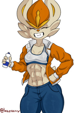 abs anthro athletic athletic_female bodily_fluids bottomwear clothing crop_top denim denim_bottomwear denim_clothing female jacket jeans muscular muscular_female pants shirt simple_background smile solo sweat topwear leafsanty nintendo pokemon kimberly_(activeajames) cinderace generation_8_pokemon lagomorph mammal pokemon_(species) hi_res