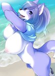 2017 anthro areola beach big_breasts black_nose blue_eyes blush bottomless breasts butt canid canine clothed clothing clothing_lift detailed_background digital_media_(artwork) eyebrows eyelashes fangs female fur hair huge_breasts kemono kikurage looking_at_viewer mammal nipples open_mouth open_smile sand sea seaside shaded shirt shirt_lift smile solo standing teeth tongue topwear undressing water