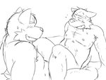 anthro belly blush bodily_fluids cute_fangs duo fangs kemono male male/male moobs nipples simple_background sitting slightly_chubby sweat teeth white_background oogamikennta canid canine canis domestic_dog mammal 2011 4:3 monochrome