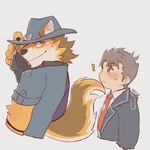 anthro blush brown_hair clothing cowboy_hat duo flirting hair hat headgear headwear male male/male necktie suit superhero tickling_chin igarashi_ta lifewonders live_a_hero barrel_(live_a_hero) male_operator protagonist_(live_a_hero) canid canine canis human mammal wolf 1:1 hi_res