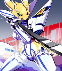 angry anthro armor blue_eyes breasts clothed clothing female female_anthro female_focus fur katana medium_breasts melee_weapon multicolored_body multicolored_fur revealing_outfit skimpy solo sword text two_tone_body two_tone_fur unconvincing_armor weapon yellow_body yellow_fur shu_stella bandai_namco digimon kill_la_kill studio_trigger junketsu digimon_(species) renamon absurd_res artist_name hi_res
