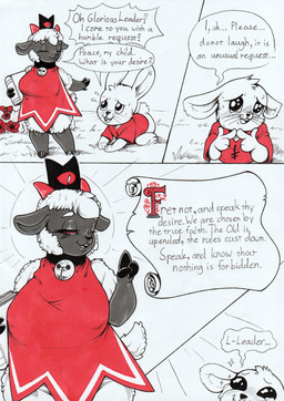 anthro bell big_breasts blush bodily_fluids book bowing breasts collar dialogue duo eyelashes female fingers hooved_fingers hooves horn male nervous open_mouth red_eyes red_horn scroll smile sparkles speech_bubble standing sweat tears text whiskers longinius cult_of_the_lamb massive_monster_(studio) follower_(cult_of_the_lamb) lamb_(cult_of_the_lamb) red_crown_(cult_of_the_lamb) bovid caprine lagomorph leporid mammal rabbit sheep absurd_res english_text hi_res traditional_media_(artwork)