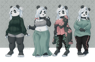 5_toes abstract_background anthro barefoot bottomwear claws clothed clothing crossed_arms feet female finger_claws fully_clothed hair long_hair looking_at_viewer midriff multiple_outfits multiple_poses navel pants paws plantigrade pose skirt solo sweater toe_claws toes topwear white_hair noviraine bear giant_panda mammal