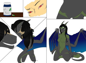 anthro areola biped black_hair blowup_background blue_wings breasts countershade_neck countershade_tail countershade_torso countershading dripping_vulva drugs eyes_closed female front_view genitals green_body green_countershading green_markings grey_body growth hair horn horn_growth human_to_anthro kneeling markings masturbation membrane_(anatomy) membranous_wings navel nipples non-mammal_breasts non-mammal_hair non-mammal_navel non-mammal_nipples non-mammal_vulva nude pill_bottle pills pink_sclera pupils rear_view red_eyes side_view simple_background sitting sitting_on_ground slit_pupils solo species_transformation spread_legs spreading standing tail text three-quarter_view transformation transformation_sequence vaginal vaginal_masturbation vulva white_background wings theeldertrinity mythology skye_(justanotherweirdguy) dragon human mammal mythological_creature mythological_scalie scalie 2016 artist_name colored comic