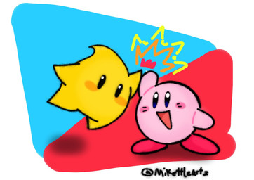 ambiguous_gender beady_eyes blue_eyes duo featureless_arms featureless_crotch featureless_feet featureless_limbs feet flying gesture high_five male mouthless no_eyebrows noseless pink_body pink_skin red_feet simple_background smile smiling_at_another standing text yellow_body yellow_skin vampkettleartz kirby_(series) mario_bros nintendo super_mario_galaxy kirby alien luma waddling_head 2023 artist_name colored crossover digital_drawing_(artwork) digital_media_(artwork) hi_res shaded simple_shading