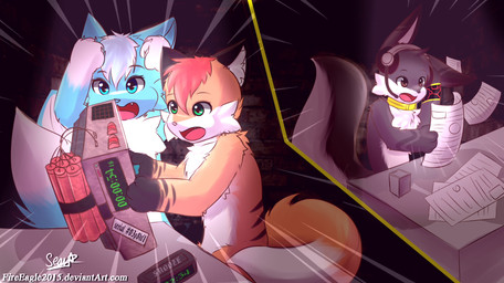 alarm_clock ambiguous_gender anthro arm_markings biped black_body black_ears black_fur black_markings black_stripes blue_eyes bomb brick brick_wall brown_eyes cheek_tuft chest_tuft clock collar countershading cute_fangs detailed_background dynamite electronics explosives eyebrows eyelashes facial_tuft fangs female fur furniture green_eyes group hair hand_on_head headphones heart_symbol inside jc_a_bomb male markings multicolored_body multicolored_fur open_mouth orange_body orange_fur panicking paper raised_eyebrows red_hair standing stripes table tail tail_markings teeth text timer tongue tuft two_tone_body two_tone_fur wall_(structure) white_body white_fur white_hair white_markings senz keep_talking_and_nobody_explodes sean_(senz) canid canine canis fox iradeon mammal wolf 2016 digital_media_(artwork) hi_res shaded signature url watermark