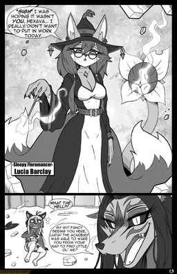 anthro big_breasts bottomwear breasts clothing collar crop_top dress eyewear fangs female flower fur glasses group hair hat headgear headwear magic markings open_mouth plant shirt spots spotted_body spotted_fur teeth text topwear trio wand witch_hat viroveteruscy if_hell_had_a_taste caitlin_kelly hexava_thornheart lucia_barclay canid canine canis domestic_cat felid feline felis fox hybrid mammal wolf 2026 absurd_res comic digital_media_(artwork) english_text hi_res monochrome