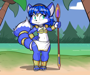aged_down anthro blue_body bra clothed clothing female flat_chested melee_weapon outside plant polearm smile solo spear standing tail tree underwear water weapon young young_anthro young_female significantother nintendo star_fox krystal_(star_fox) canid canine fox mammal 2026 6:5 absurd_res hi_res