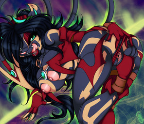 3_toes 4_fingers abstract_background anthro areola big_areola big_breasts black_hair breasts clitoris clothed clothing clothing_aside feet female fingering fingers footwear gem genitals green_eyes hair horn jewelry legwear licking licking_lips licking_own_lips looking_at_viewer markings mostly_nude nipples panties panties_aside pink_areola pink_nipples pink_nose pink_vulva pose puffy_areola self_lick simple_background skimpy socks solo teeth toeless_footwear toeless_socks toes tongue tongue_out underwear underwear_aside vulva crystal-for-ever evil_kryis demon digital_media_(artwork) hi_res pinup source_request