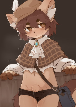 anthro bag biped blush bodily_fluids brown_body brown_eyes brown_fur brown_hair capelet clothing eyebrow_through_hair eyebrows fluffy fluffy_tail foreskin fur genitals hair half_naked hat headgear headwear inner_ear_fluff jabot male navel penis satchel short_hair solo spats sweat sweatdrop tail thick_eyebrows thick_penis torn_clothing translucent translucent_hair tuft koko_comet mammal hi_res