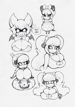 accessory angry anthro big_breasts bow_(feature) bow_accessory bow_ribbon breasts bulging_breasts cleavage cleavage_cutout cleavage_overflow clothed clothing costume cutout fake_horns female food fruit hair_accessory hair_bow hair_ribbon heart_symbol holidays loli makeup nipple_outline oppai_loli pigtails plant pumpkin pupils ribbons short shortstack shortstack_female simple_background slit_pupils solo young young_anthro young_female smokyjai halloween lily_cheesecake nicky_vicious tiffy_cheesecake bat demon mammal mouse murid murine rodent vampire 2016 hi_res monochrome sketch