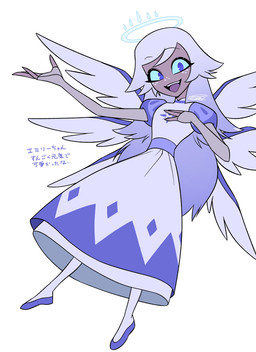 6_wings clothed clothing dress feathered_wings feathers female flats_(shoes) footwear freckled_face freckles multi_wing not_furry shoes simple_background solo text white_background wings enaic31 hazbin_hotel hellaverse emily_(hazbin_hotel) angel angel_humanoid humanoid seraph_(angel) absurd_res hi_res japanese_text translation_request