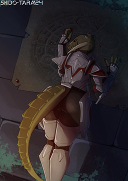 annoyed anthro armor black_eyes butt female green_body looking_at_viewer map rear_view solo tail conditional_dnp shido-tara microsoft the_elder_scrolls the_elder_scrolls_online argonian scalie hi_res sketch