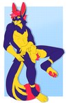 animal_genitalia anthro ball_tuft balls featureless_chest fur genitals green_eyes hair looking_at_viewer male pawpads pubes purple_body purple_fur red_hair red_pawpads sheath solo tail tuft yellow_body yellow_fur hyperiontrash slick_(slick_cabbit) domestic_cat felid feline felis hybrid lagomorph leporid mammal rabbit 2022 absurd_res hi_res