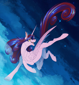 feathers female feral flying happy horn night reward sky smile solo star wings sunny_way hasbro my_little_pony mythology equid equine mammal mythological_creature mythological_equine winged_unicorn hi_res