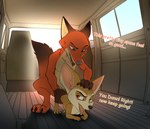 3_toes anal anal_penetration anthro big_dom_small_sub canid canine car car_sex dialogue disney dominant duo feet fennec_fox finnick_(zootopia) fox from_behind_position genitals hi_res inside_car male male/male mammal medium_truck nick_wilde penetration penis sex seyrmo size_difference toes truck_(vehicle) true_fox van vehicle zootopia