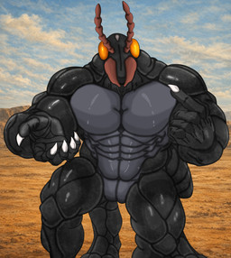 antennae_(anatomy) arthropod_abdomen compound_eyes gesture hand_gesture inviting inviting_viewer male mandibles muscular pecs_focus pointing pointing_at_self solo yellow_eyes kingmana ant arthropod hymenopteran insect taur absurd_res hi_res