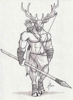 abs anthro antlers arrow_(weapon) bandage bandaged_arm bandaged_leg bow_(weapon) clothed clothing empty_eyes front_view holding_melee_weapon holding_object holding_polearm holding_spear holding_weapon hooves horn looking_at_viewer male male_anthro melee_weapon mouth_closed muscular muscular_anthro muscular_male pecs polearm quiver_(object) ranged_weapon simple_background solo spear standing topless weapon hufnaar deer mammal 2018 dated full-length_portrait hi_res monochrome portrait sketch