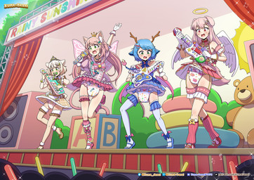 antlers blue_hair clean_diaper clothed clothing crown diaper electronics feathered_wings feathers group hair headgear horn insect_wings keyboard_instrument lepidopteran_wings microphone musical_instrument object_in_mouth pacifier pacifier_in_mouth pink_hair playing_music singing stage tiara toy_guitar wearing_diaper wetness_indicator white_hair wings kuma-dasai canid canine deer felid feline humanoid mammal absurd_res hi_res