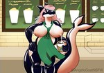 anthro barista beverage big_breasts black_body bodily_fluids breasts cashier coffee coffee_cup container cup female inside lactating lactating_in_cup menu_board milk reflective_body slightly_chubby slightly_chubby_female smug solo thick_thighs white_body angelogoat666 i_mean_breast_milk starbucks coraline_d'_orca cetacean dolphin mammal marine oceanic_dolphin orca toothed_whale absurd_res hi_res meme