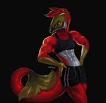 abs anthro biceps breasts clothed clothing ear_piercing ear_ring female fin hands_on_hips midriff muscular muscular_anthro muscular_female non-mammal_breasts piercing red_body ring_piercing small_breasts smile solo standing tail tail_fin kartoniq shoyu_(velow) fish marine salmon salmonid_(fish) sockeye_salmon