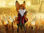 ambiguous_gender anthro blue_eyes buckteeth canid canine clothing colored concept_art countershading crowd detailed_background disney fox fur group hand_in_pocket head_tuft lagomorph larger_pred leporid light lighting looking_at_another looking_down looking_up male mammal necktie nick_wilde official_art orange_body orange_fur pockets rabbit red_clothing red_fox red_shirt red_topwear shaded shirt size_difference smaller_prey standing tan_body tan_countershading teeth text topwear true_fox tuft unknown_artist yellow_lighting zootopia