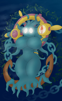 anchor big_breasts breasts bubble featureless_breasts featureless_crotch female glowing glowing_eyes green_body green_skin mouthless navel no_pupils not_furry nude plant seaweed ship's_helm simple_background solo thick_thighs underwater water wheel wide_hips gazaster nintendo pokemon animate_inanimate aquatic dhelmise elemental_creature flora_fauna generation_7_pokemon ghost humanoid pokemon_(species) spirit 2021 absurd_res digital_media_(artwork) hi_res
