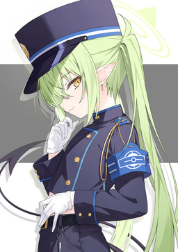 blue_clothing blue_hat blue_headwear bottomwear clothing cute_fangs ear_piercing fangs female female_humanoid gloves green_hair hair halo handwear hat headgear headwear piercing pointy_ears prick_ears shorts side_view smile smiling_at_viewer tail teeth whistle_(object) white_clothing white_gloves white_handwear yellow_eyes young young_female young_humanoid lisu blue_archive nozomi_(blue_archive) demon demon_humanoid humanoid tailed_humanoid absurd_res hi_res