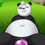 anthro bodily_fluids breasts fangs female genital_fluids genitals grass improvised_sex_toy navel nipples one_eye_closed plant purple_eyes pussy smile solo teeth vaginal_fluids lonbluewolf jam_city panda_pop panda_mom bear giant_panda mammal 1:1 2016