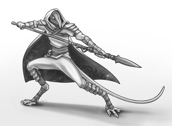 4_toes 5_fingers action_pose ambiguous_gender anthro armor belt biped bottomwear bracers cape claws cloak clothed clothing digitigrade feet fingers footwear fully_clothed furgonomics gloves greaves handwear holding_melee_weapon holding_object holding_polearm holding_weapon hood leather long_tail mask melee_weapon pants pauldron polearm pose pouch_(clothing) shadow shirt simple_background solo standing straps tail toe_claws toeless_footwear toes topwear tunic warrior weapon white_background tertia_decima treize_(danjil_olivaw) komodo_dragon lizard monitor_lizard reptile scalie 2022 absurd_res dated digital_media_(artwork) full-length_portrait greyscale hi_res monochrome portrait shaded signature