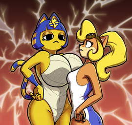 angry anthro asymmetrical_breast_frottage big_breasts breast_envy breast_size_difference breast_squish breasts breasts_frottage clothing comparing comparing_breasts competition duo female female/female fur hand_on_hip huge_breasts leotard medium_breasts one-piece_swimsuit squish swimwear wide_hips rumblegumball activision animal_crossing crash_bandicoot_(series) nintendo ankha_(animal_crossing) coco_bandicoot bandicoot domestic_cat felid feline felis mammal marsupial crossover hi_res