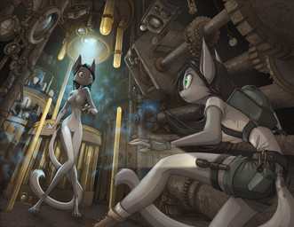 alternative_fashion anthro backpack black_hair bottomwear breasts clone clothed clothed/nude clothed_female clothing duo featureless_breasts featureless_crotch female fingerless_gloves flashlight fur gear gloves green_eyes hair handwear navel nude pupils science shocked shorts slit_pupils square_crossover steampunk david_lillie silverspots dreamkeepers domestic_cat felid feline felis mammal 2014