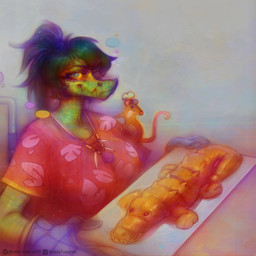 ambiguous_gender anthro big_breasts bread breasts brown_body brown_fur chef_hat clothed clothed_anthro clothed_female clothing disability duo female feral floral_print food fur green_body green_hair grey_background grey_eyes hair handwear hat headgear headwear holding_tray jewelry long_hair looking_at_viewer markings necklace non-mammal_breasts oven_mitts paraplegic simple_background sitting smile spots spotted_markings text vehicle wheelchair yellow_sclera kadalsaurus cavemanon_studios i_wani_hug_that_gator guts_(iwhtg) olivia_halford baryonyx dinosaur mammal murid murine prehistoric_species rat reptile rodent saurischian scalie spinosaurid theropod 1:1 artist_name colored digital_media_(artwork) hi_res shaded