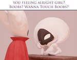 anthro black_body black_eyes breast_grab breasts cloak clothing dialogue duo empty_eyes female grey_background hand_on_breast red_cloak red_clothing simple_background text white_body white_eyes shy_ayu boobs?_wanna_touch_boobs? hollow_knight hollow_knight:_silksong team_cherry hornet_(hollow_knight) lace_(hollow_knight:_silksong) arthropod insect 3d_(artwork) digital_media_(artwork) english_text hi_res meme