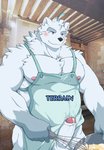 anthro apron balls blush bodily_fluids clothing cooking cum cum_in_food erection food fur genital_fluids genitals humanoid_genitalia humanoid_hands humanoid_penis kemono male musclegut muscular nipples penis precum solo white_body white_fur shyuakira knights_college paul_pfitzner bear mammal polar_bear ursine 2021 hi_res