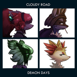 accessory anthro bangs cigarette group hair hair_over_eyes piercing simple_background text dimejeff demon_days gorillaz nintendo pokemon braixen generation_4_pokemon generation_5_pokemon generation_6_pokemon generation_9_pokemon lucario meowscarada pokemon_(species) zoroark 1:1 album_cover cover english_text hi_res