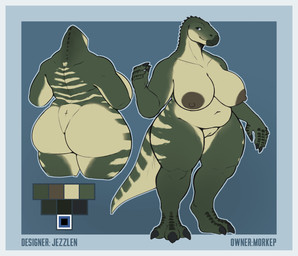 anthro areola big_areola big_breasts black_claws blue_background blue_eyes breasts claws eyelashes female female_anthro genitals green_body huge_breasts humanoid_genitalia humanoid_vulva markings mouth_closed nude overweight overweight_anthro overweight_female simple_background solo standing striped_back striped_legs striped_markings striped_tail stripes tail tail_markings vulva jezzlen dinosaur prehistoric_species reptile scalie hi_res model_sheet