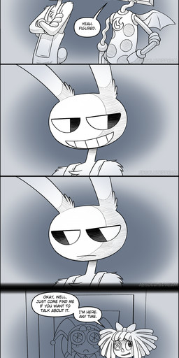 anthro clothed clothing dialogue doll door gesture group hand_gesture open_mouth pointing smile standing text upset walking worried absolutedream glitch_productions the_amazing_digital_circus jax_(tadc) ragatha_(tadc) zooble_(tadc) human lagomorph leporid mammal rabbit absurd_res comic english_text greyscale hi_res long_image monochrome tall_image