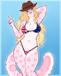 anthro australian_flag australian_flag_bikini bikini blonde_hair blue_eyes clothed clothing female flag_bikini fur gesture hair hand_behind_head hand_gesture hat headgear headwear long_hair looking_at_viewer markings pink_body pink_fur skimpy smile solo spots spotted_body spotted_fur standing string_bikini swimwear two-piece_swimsuit v_sign kitsunewaffles-chan ki_(kitsunewaffles-chan) felid mammal pantherine snow_leopard 2022 4:5 absurd_res hi_res