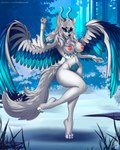 anthro big_breasts breasts detailed_background feathered_wings feathers female forest fur hair horn nipples nude plant smile snow solo tail text tree white_body white_fur wings winter wonderland icebounde mythology canid canine canis dragon hybrid mammal mythological_creature mythological_scalie scalie wolf 4:5 hi_res url