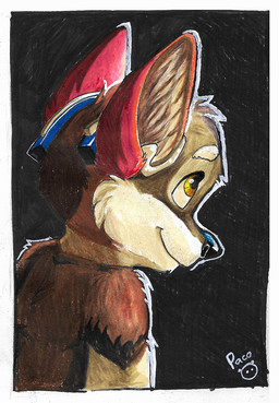anthro black_background black_nose brown_body brown_fur closed_smile fur glistening glistening_eyes logo looking_up male mouth_closed nude orange_eyes red_ears simple_background smile solo tan_body tan_fur young young_anthro young_male pandapaco canid canine mammal artist_logo signature